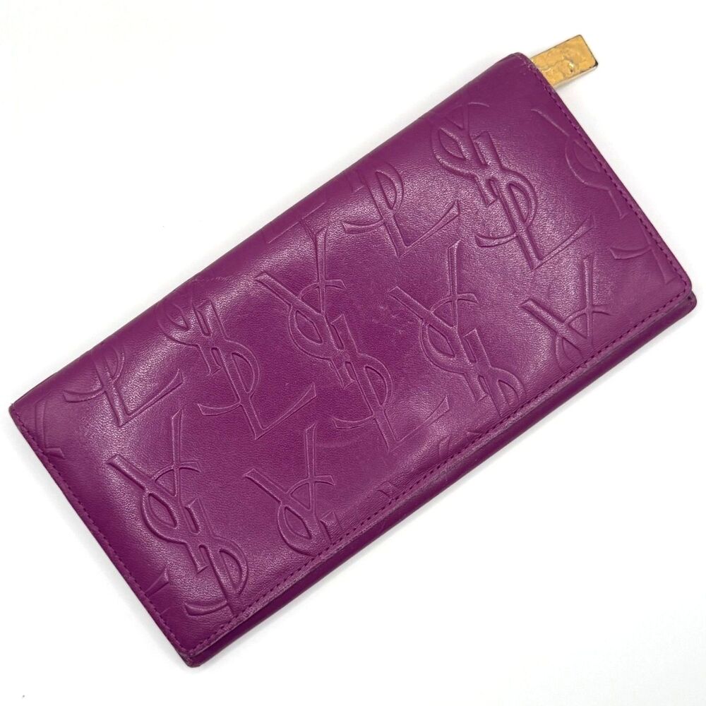 YSL Yves Saint Laurent Vintage Purple Embossed Leather Long Wallet Authentic